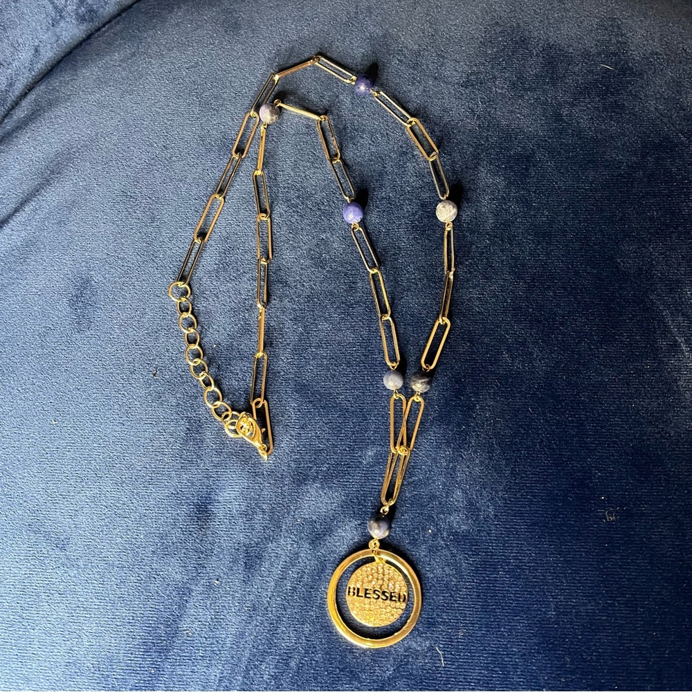 ‘Blessed’ Gold Tone Paper Clip Statement Necklace with Blue Beading - Picture 5 of 7